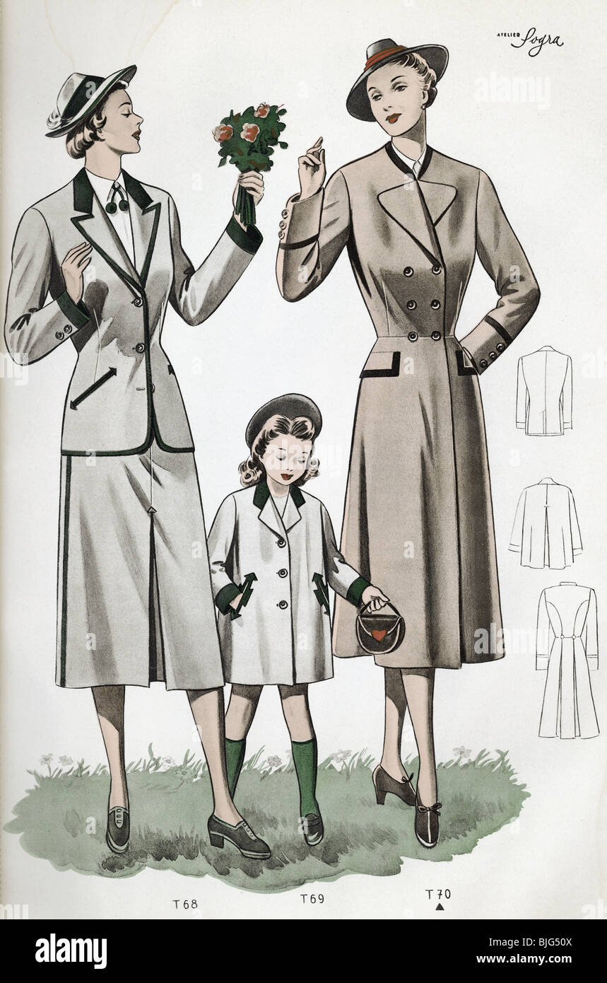 fashion, 1950s, clothes, clothing, ladies' fashion, traditional coats and  skirts from Austria for women, illustration from: "Trachtenmodelle fuer  Damen und Herren", No. 2, Vienna, Austria, circa 1950 Stock Photo - Alamy