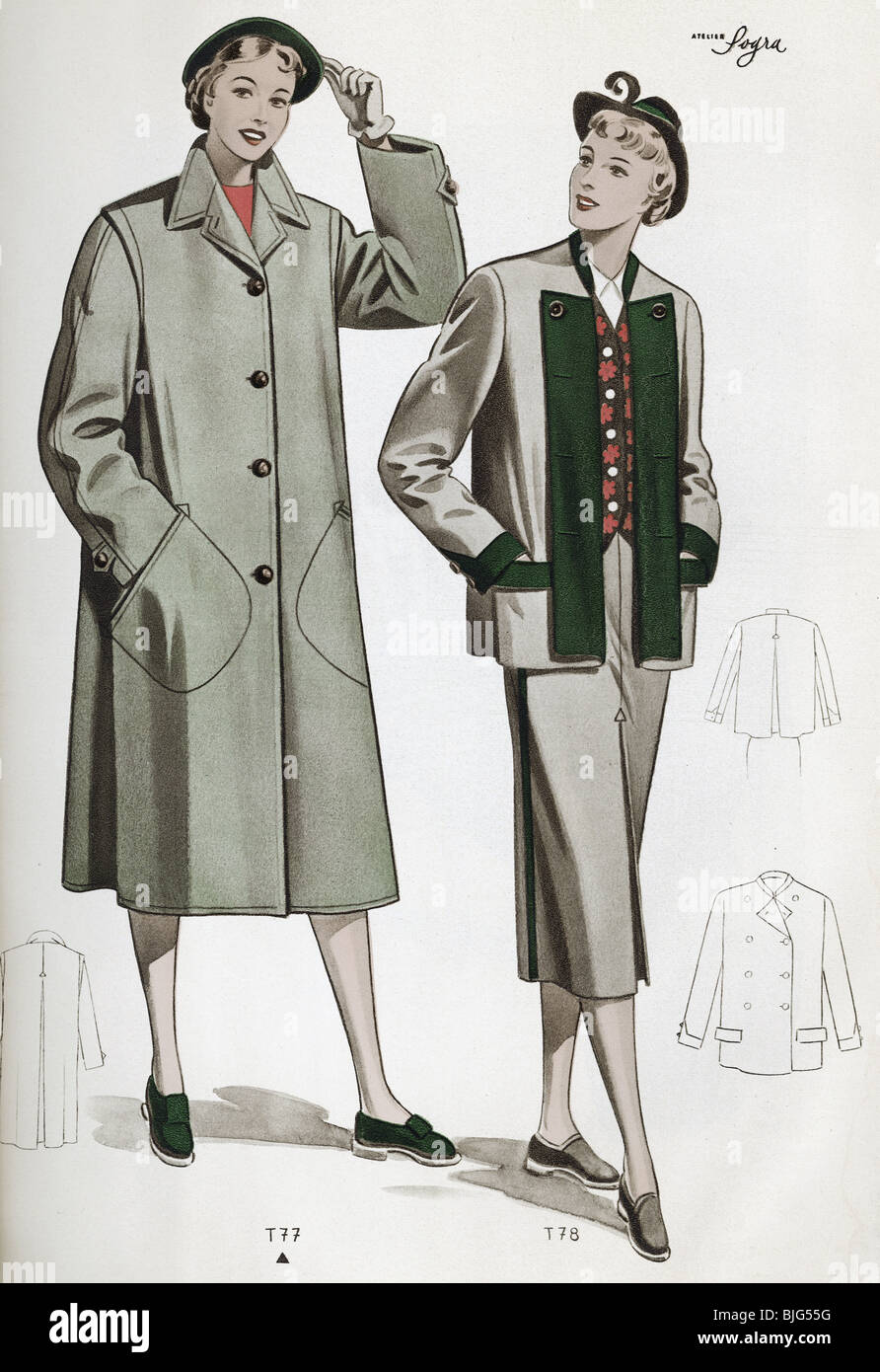 fashion, 1950s, clothes, clothing, ladies' fashion, traditional coats and  skirts from Austria for women, illustration from: "Trachtenmodelle fuer  Damen und Herren", No. 2, Vienna, Austria, circa 1950 Stock Photo - Alamy