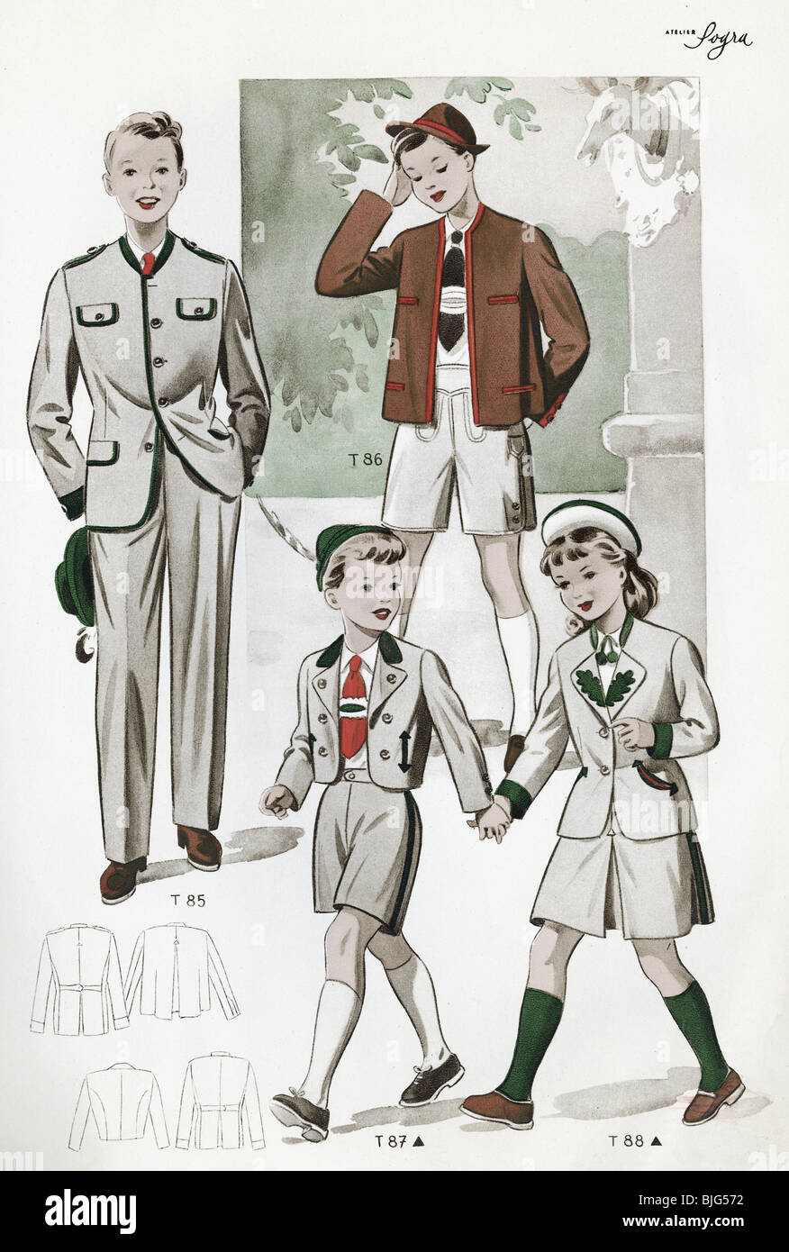 fashion, 1950s, clothes, clothing, children's fashion, traditional clothing for boys and girls, illustration from: "Trachtenmodelle fuer Damen und Herren", No. 2, Vienna, Austria, circa 1950, Stock Photo