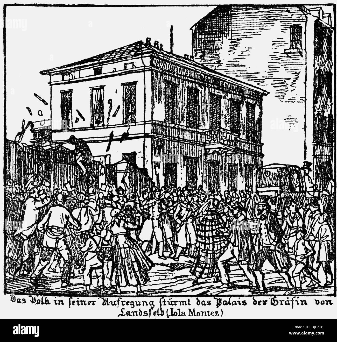 events, revolution 1848 - 1849, February riots in Munich, angry crowd in front of the house of Lola Montez, 10.2.1848, contemporary lithograph by Gustav Kraus, Revolution, Palais, countess Landsfeld, turmoil, riot, mob, Germany, Bavaria, 19th century, historic, historical, people, Stock Photo