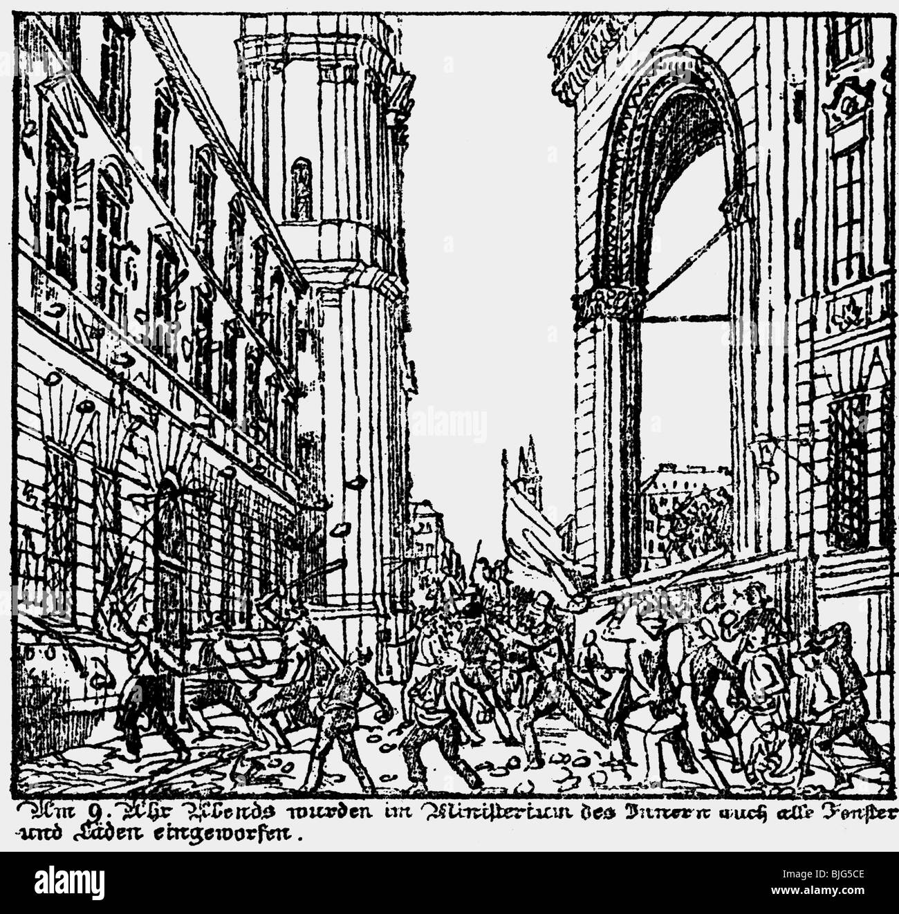 events, revolutions 1848 - 1849, March Revolution, Munich, the windows of the Minstery of the Interior are smashed, Theatinerstrasse, 2.3.1848, contemporary lithograph by Gustav Kraus, citizens, turmoil, revolution, Germany, Bavaria, 19th century, historic, historical, people, Stock Photo