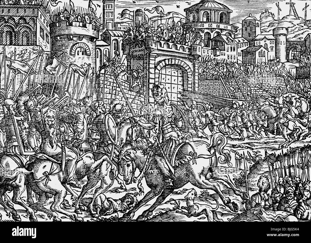 fine arts, Amman, Jost (1539-1591), woodcut, 15.5. cm x 11 cm, illustration, scene: assault of the Romans on Jerusalem, probably from the Luther Bible, which was printed by Sigmund Feyerabend, Frankfurt on the Main, Germany, 1564, Artist's Copyright has not to be cleared Stock Photo