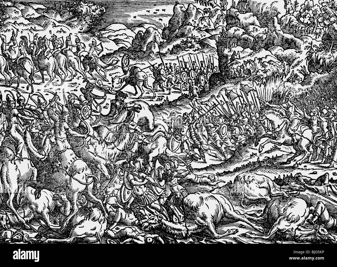 fine arts, Amman, Jost (1539-1591), woodcut, 15.5. cm x 11 cm, illustration from the bible, printed by Sigmund Feyerabend, Frankfurt on the Main, Germany, 1564, battle scene, Artist's Copyright has not to be cleared Stock Photo