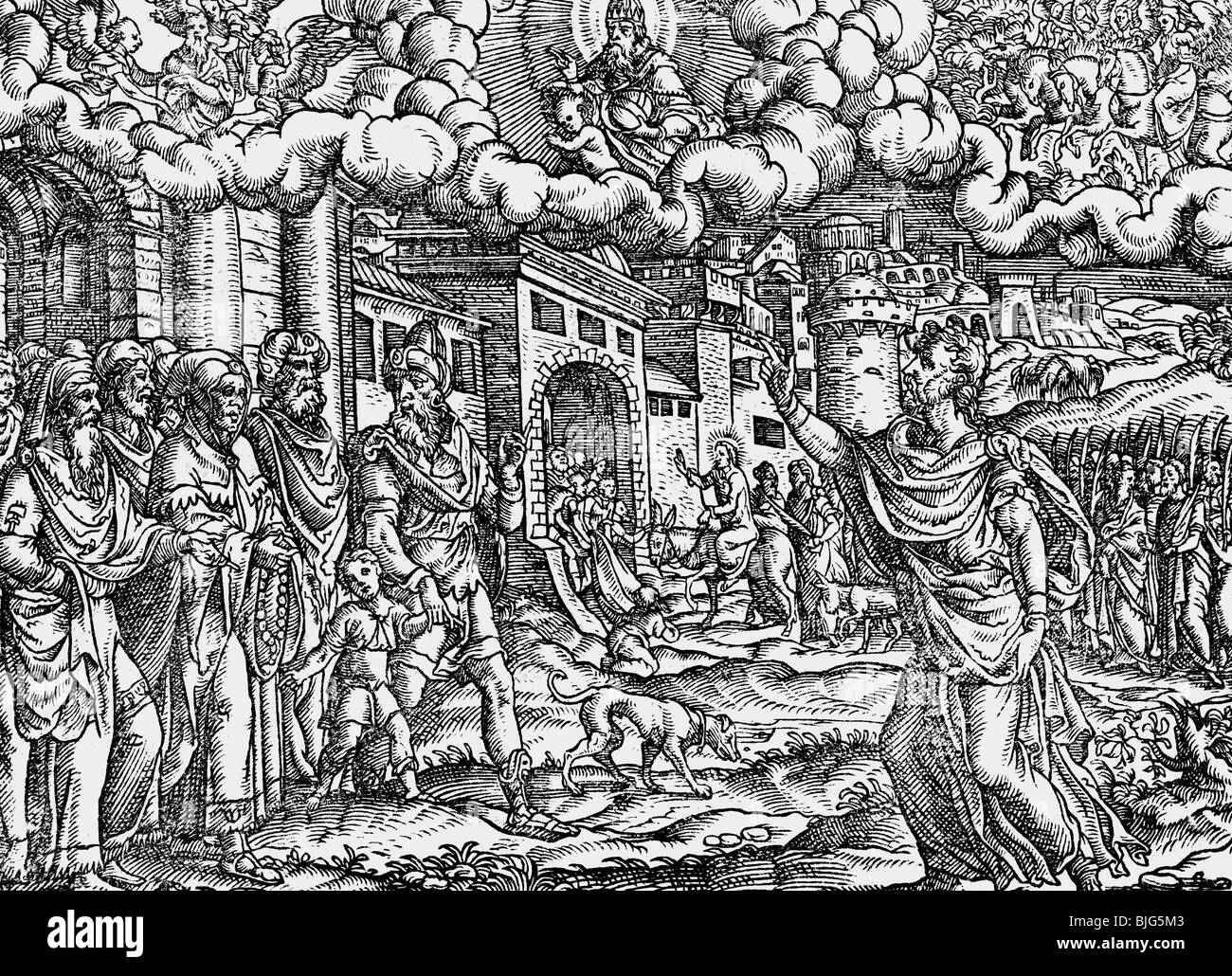 fine arts, Amman, Jost (1539-1591), woodcut, 15.5. cm x 11 cm, illustration from the bible, printed by Sigmund Feyerabend, Frankfurt on the Main, Germany, 1564, scene: Zechariah's vision, Jesus Christ entering Jerusalem, Artist's Copyright has not to be cleared Stock Photo