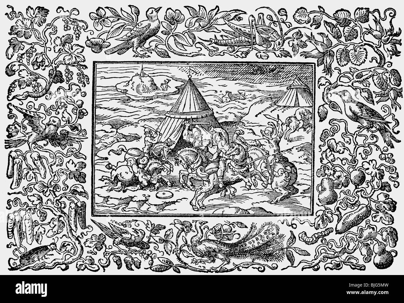 fine arts, Amman, Jost (1539-1591), woodcut, fight scene, from 'Heldenbuch', printed by Sigmund Feyerabend, Frankfurt on the Main, Germany, 1590, facsimile from 'Der Formenschatz' (Art Treasure) published by Georg Hirth, 1884, Artist's Copyright has not to be cleared Stock Photo