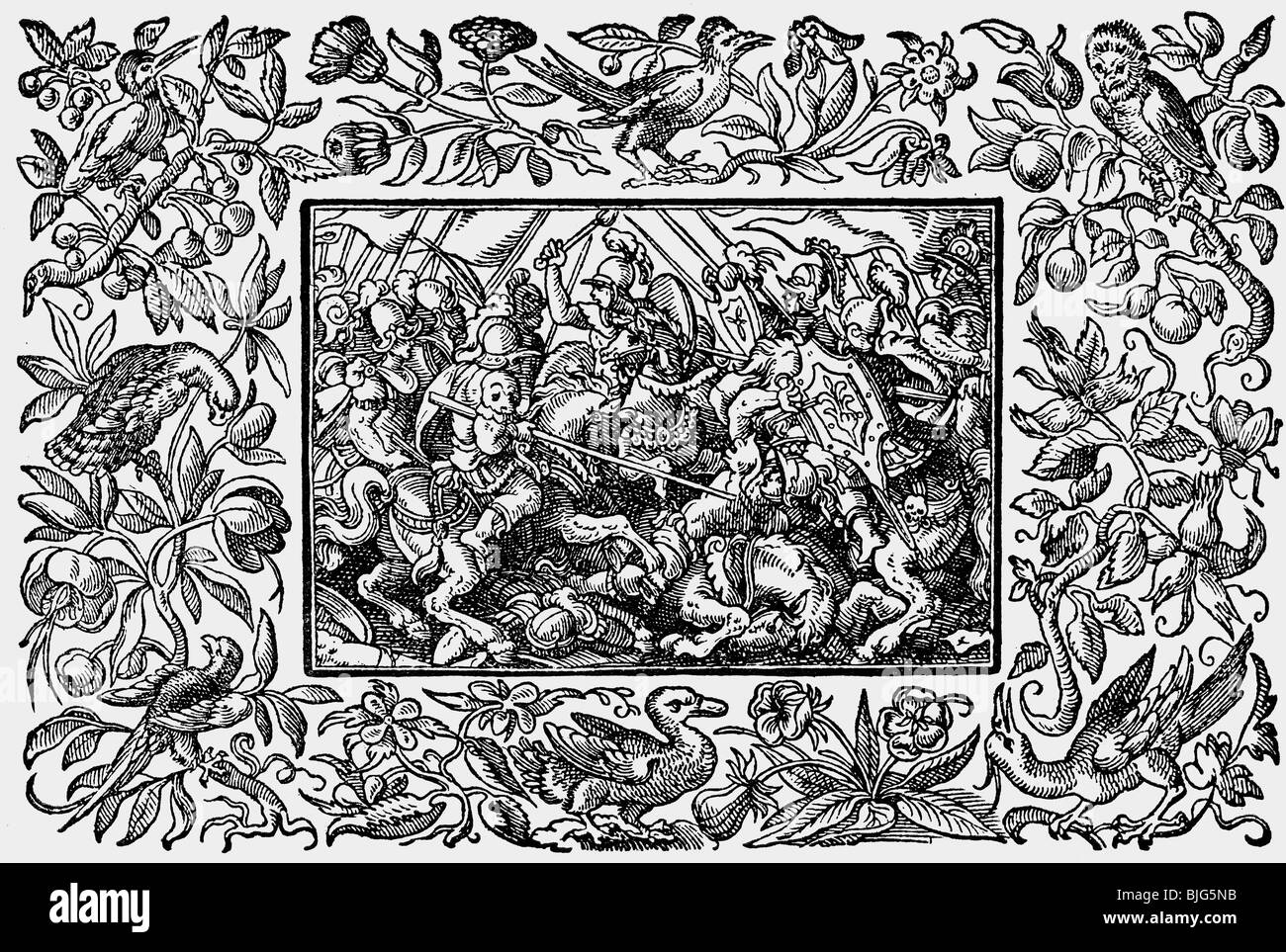 fine arts, Amman, Jost (1539-1591), woodcut, battle scene, from 'Heldenbuch', printed by Sigmund Feyerabend, Frankfurt on the Main, Germany, 1590, facsimile from 'Der Formenschatz' (Art Treasure) published by Georg Hirth, 1884, Artist's Copyright has not to be cleared Stock Photo