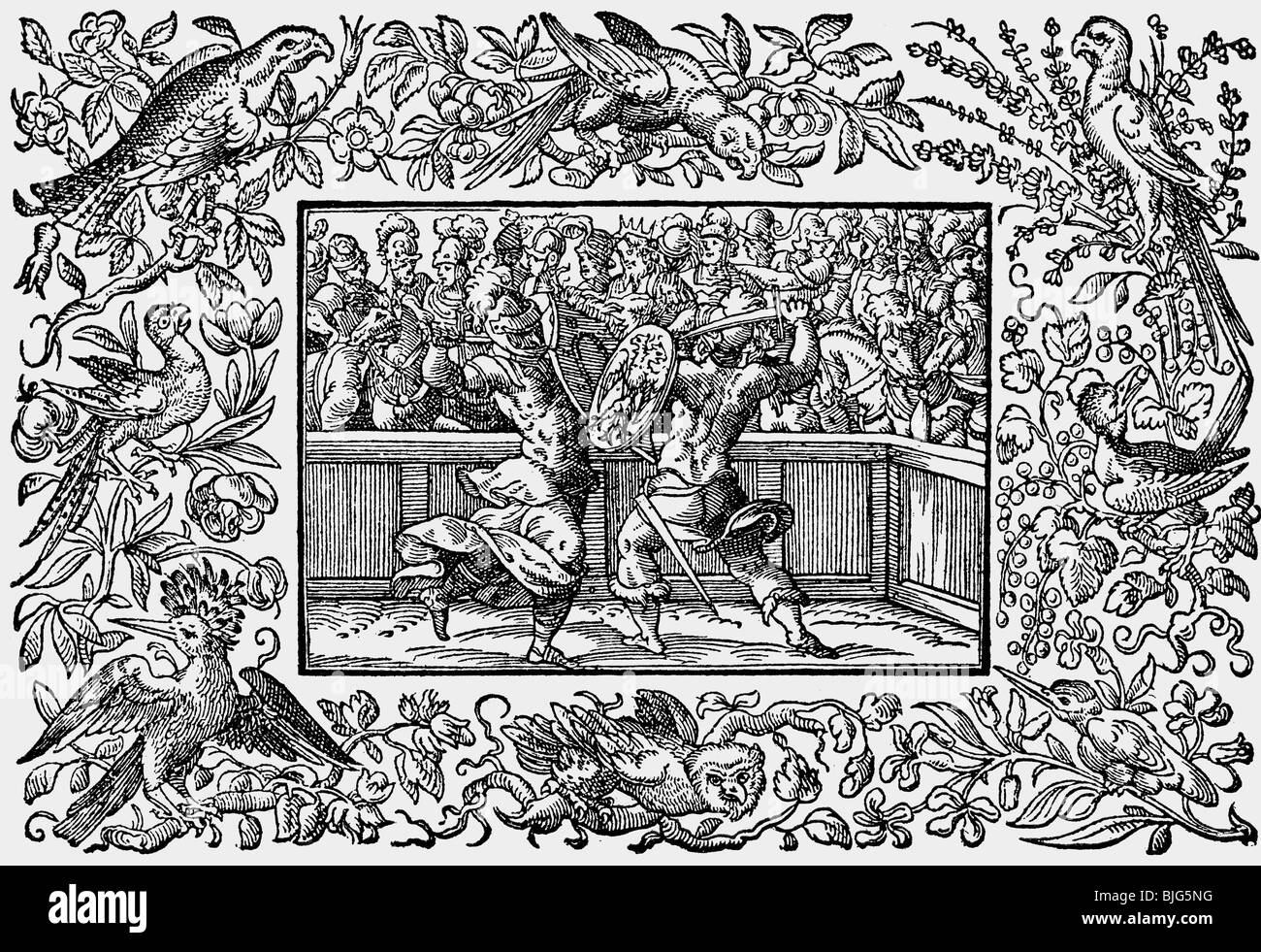 fine arts, Amman, Jost (1539-1591), woodcut, fight scene, from "Heldenbuch", printed by Sigmund Feyerabend, Frankfurt on the Main, Germany, 1590, facsimile from "Der Formenschatz" (Art Treasure) published by Georg Hirth, 1884, Artist's Copyright has not to be cleared Stock Photo