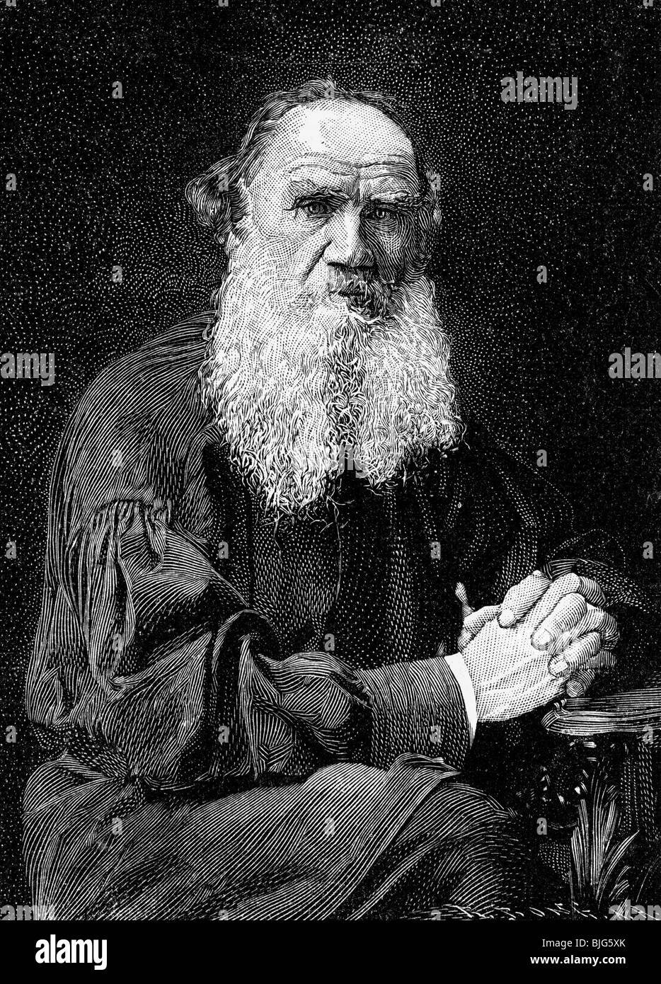 Tolstoy, Lev Nikolayevich, 9.9.1825 - 20.11.1910, Russian author / writer, portrait, wood engraving, 1905, , Stock Photo