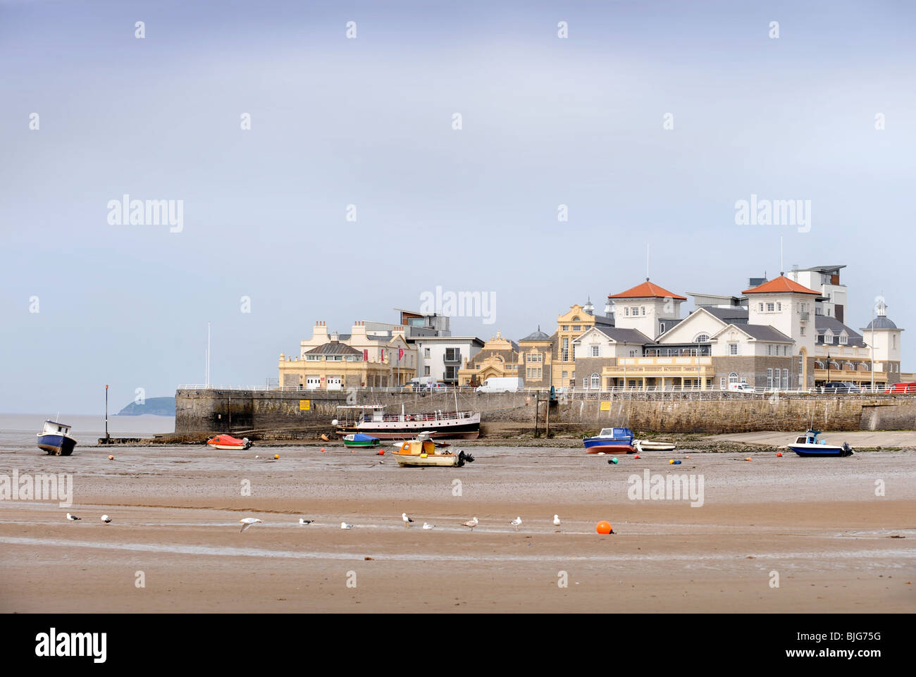 General view of the beach at Weston-Super-Mare with the redeveloped Knightstone Island UK Stock Photo