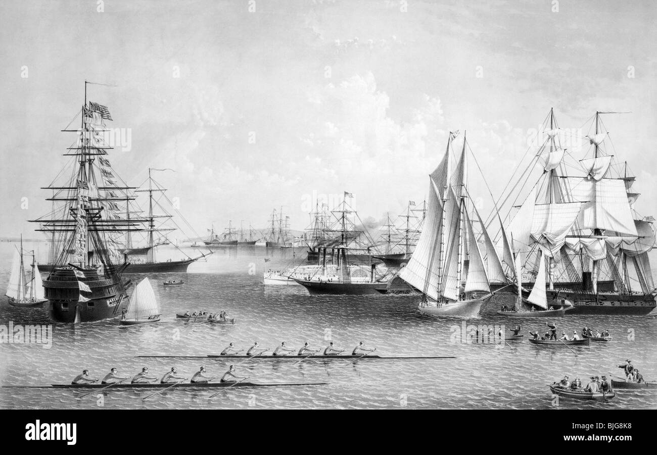 Black and white lithograph print circa 1869 entitled 'Summer Scenes in New York Harbor'. Stock Photo