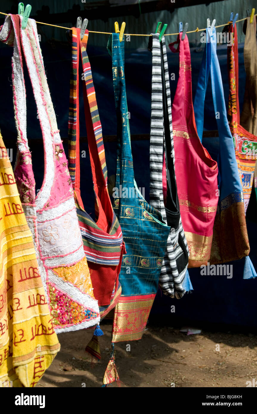 Ethnic colourful shoulder bags for sale in a shop at Fort Kochi, Kerala