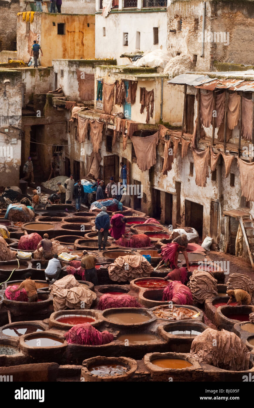Old style tannery in the suk (street market) of Fez, Morocco Stock Photo
