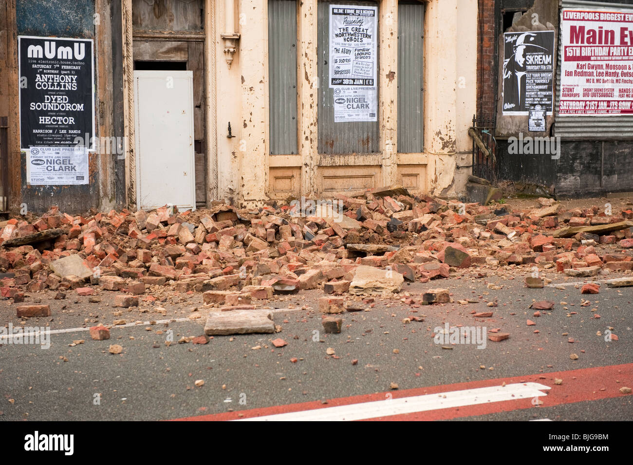 Fallen bricks from collapsed building which fell in high winds Stock