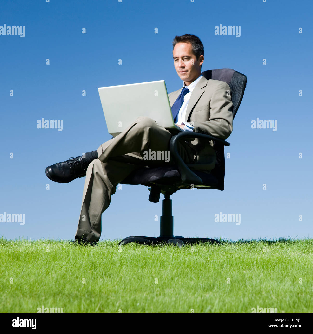 businessman using his laptop in a grassy field Stock Photo - Alamy