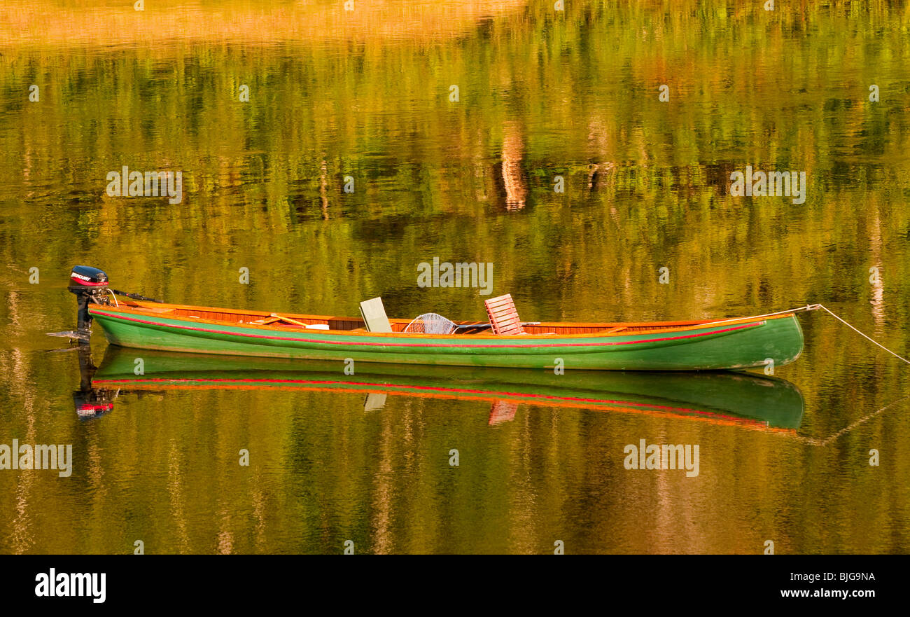 NEW BRUNSWICK, Atlantic Salmon FLY FISHING CANOE ANCHORED ON THE