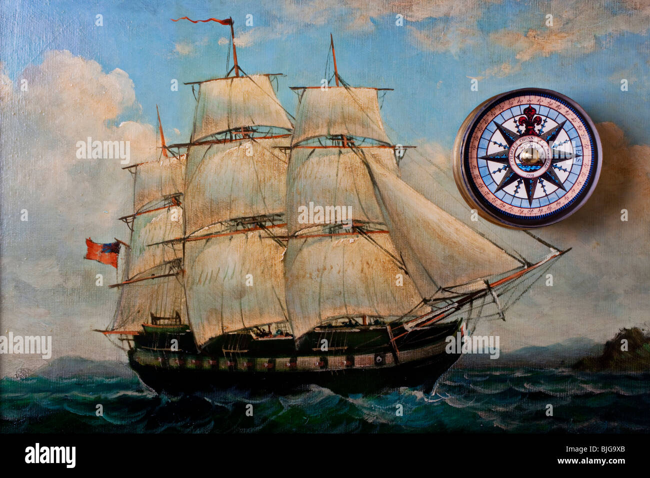 Old ship paining and compass Stock Photo