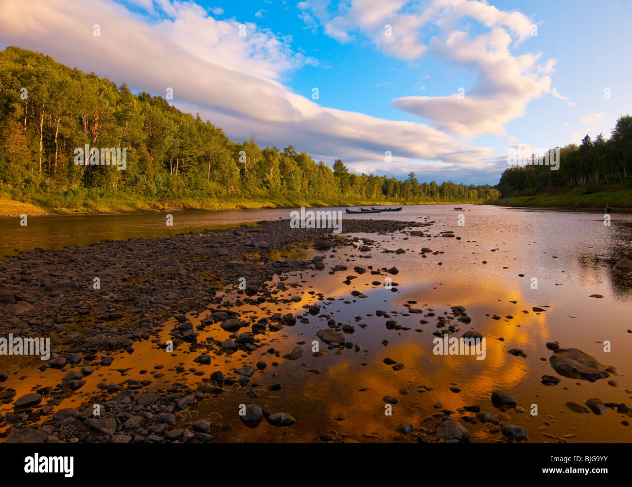 NEW BRUNSWICK, Beatuiful sceinc landscape view of the Famous Miramichi River in evening light. Stock Photo
