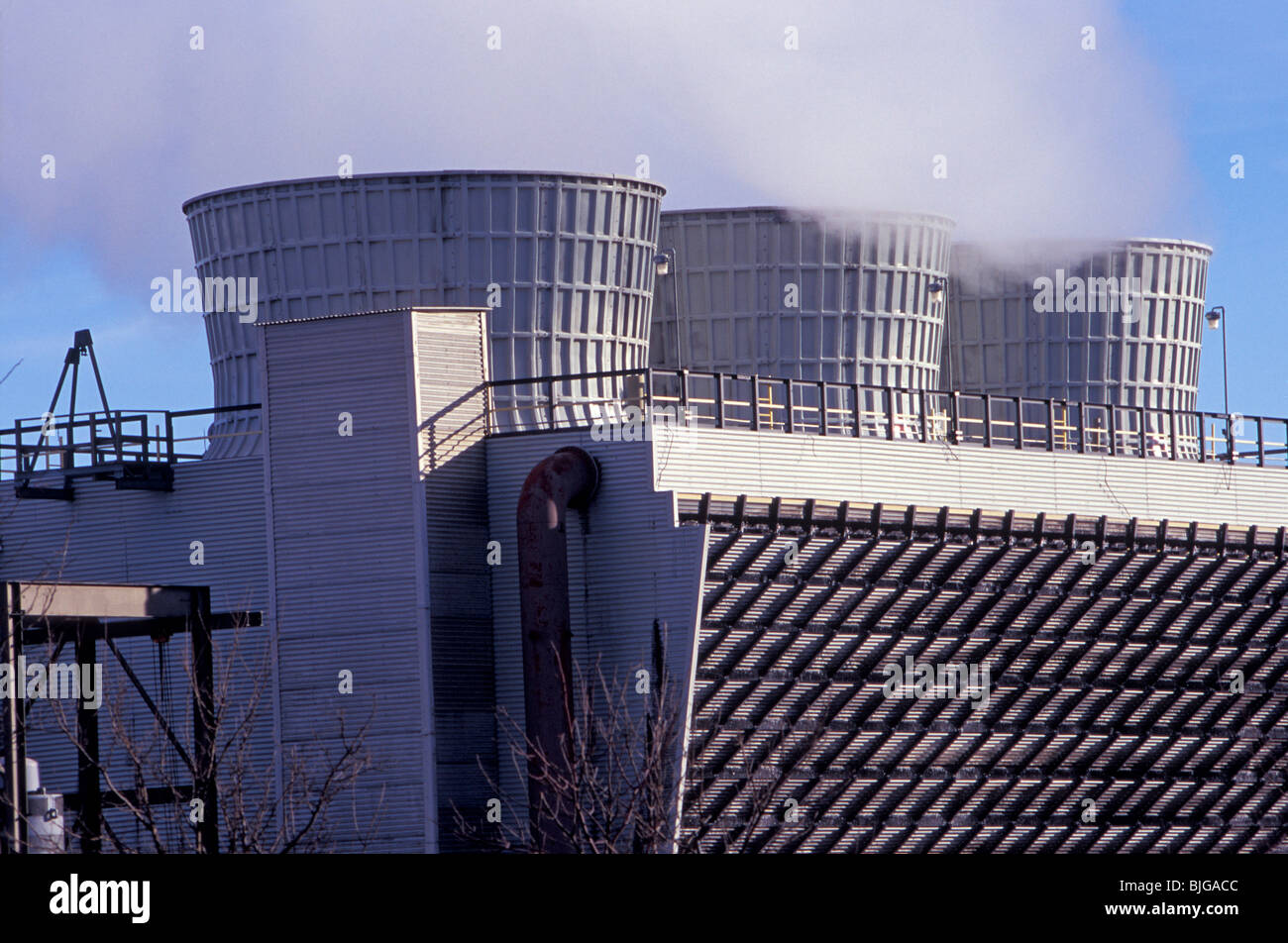 The cooling towers of a coal-fired powerplant in Hastings, Nebraska, USA. Shot on Velvia film. Stock Photo