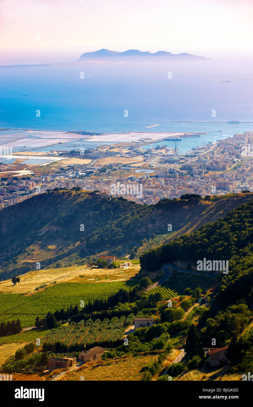 View of Trapani and its salt pans with Favignanana Island in the distance from Érice, Erice, Sicily stock photos. Stock Photo