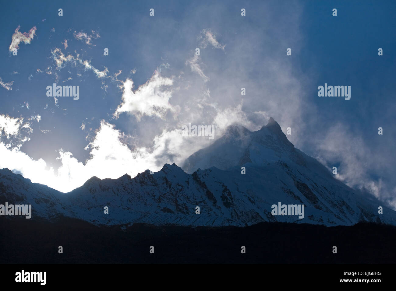 MANASLU PEAK at 26759 is the 8th highest mountain in the world - NUPRI REGION, NEPAL Stock Photo