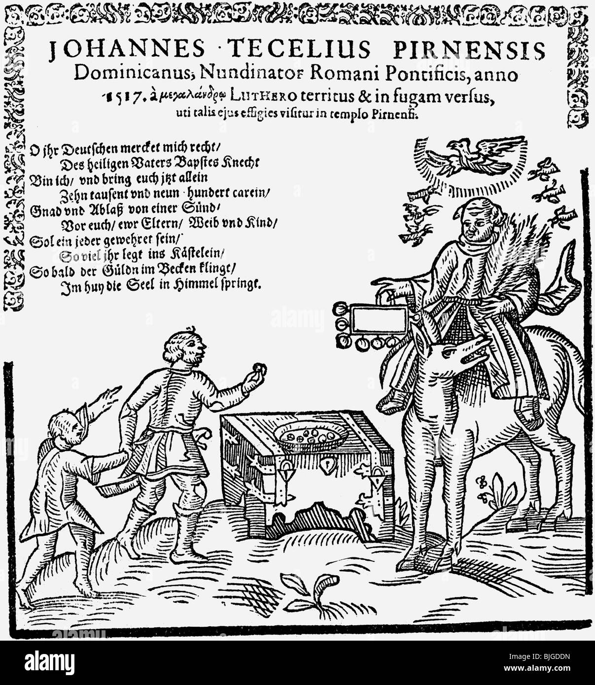 Tetzel, Johannes, circa 1564 - 11.8.1519, German monk and preacher, selling letters of indulgence, woodcut, 1517, , Stock Photo