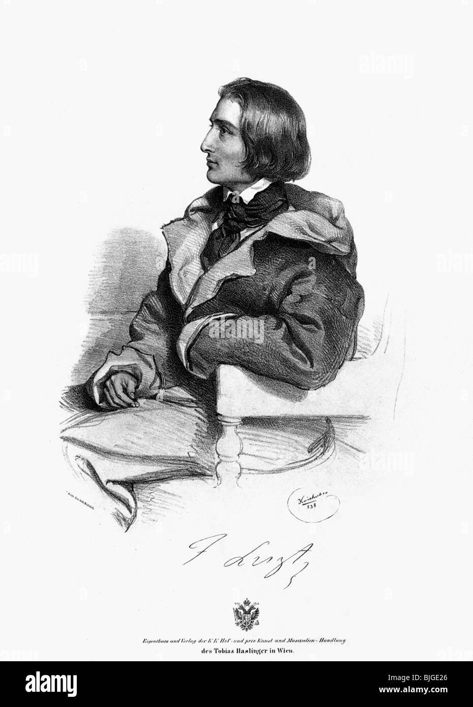 Liszt, Franz, 22.10.1811 - 31.7.1886, Hungarian composer and pianist, half length, lithograph by Joseph Kriehuber, Vienna, 1838, , Stock Photo