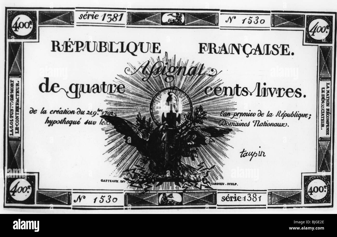 money / finance, assignats, assignat for 400 Livres, series 1581, France, 1792, paper money, French Revolution, 18th century, numismatics, historic, historical, Stock Photo