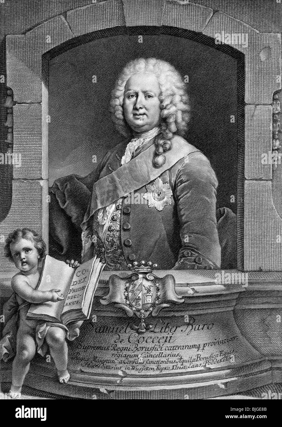 Cocceji, Samuel von, 20.10. 1679 - 4.10.1755, German jurist, Prussian Minister of Justice 1738 - 1739 and 1741 - 1746, Grand Chancellor 1747 - 1755, half length, copper engraving, Georg Friedrich Schmidt, 1751,  , Artist's Copyright has not to be cleared Stock Photo