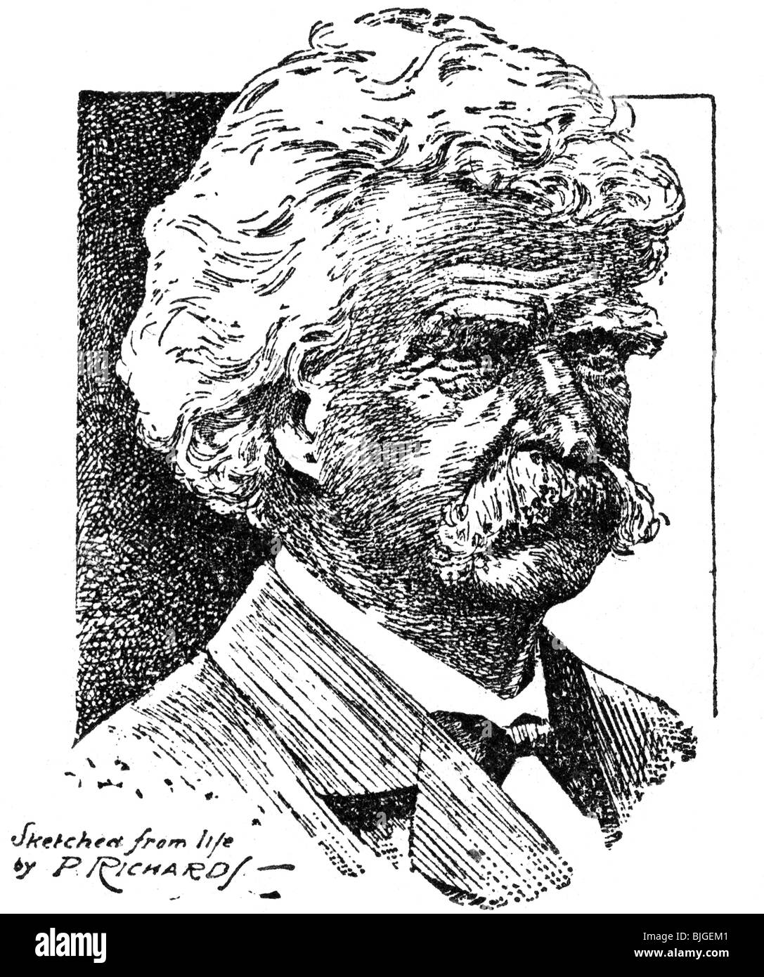 Twain, Mark, 30.11.1835 - 21.4.1910, American author / writer, humorist, sketch, by P. Richards, Stock Photo
