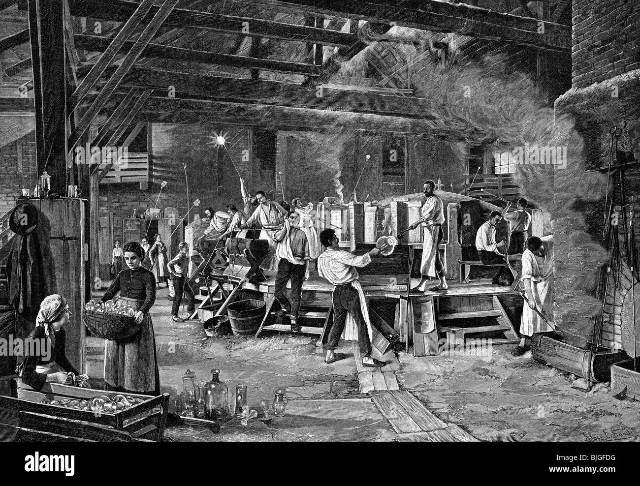 industry, glass factory at the Schliersee, Upper Bavaria, wood engraving after painting by A. Eckardt, 1890, Stock Photo