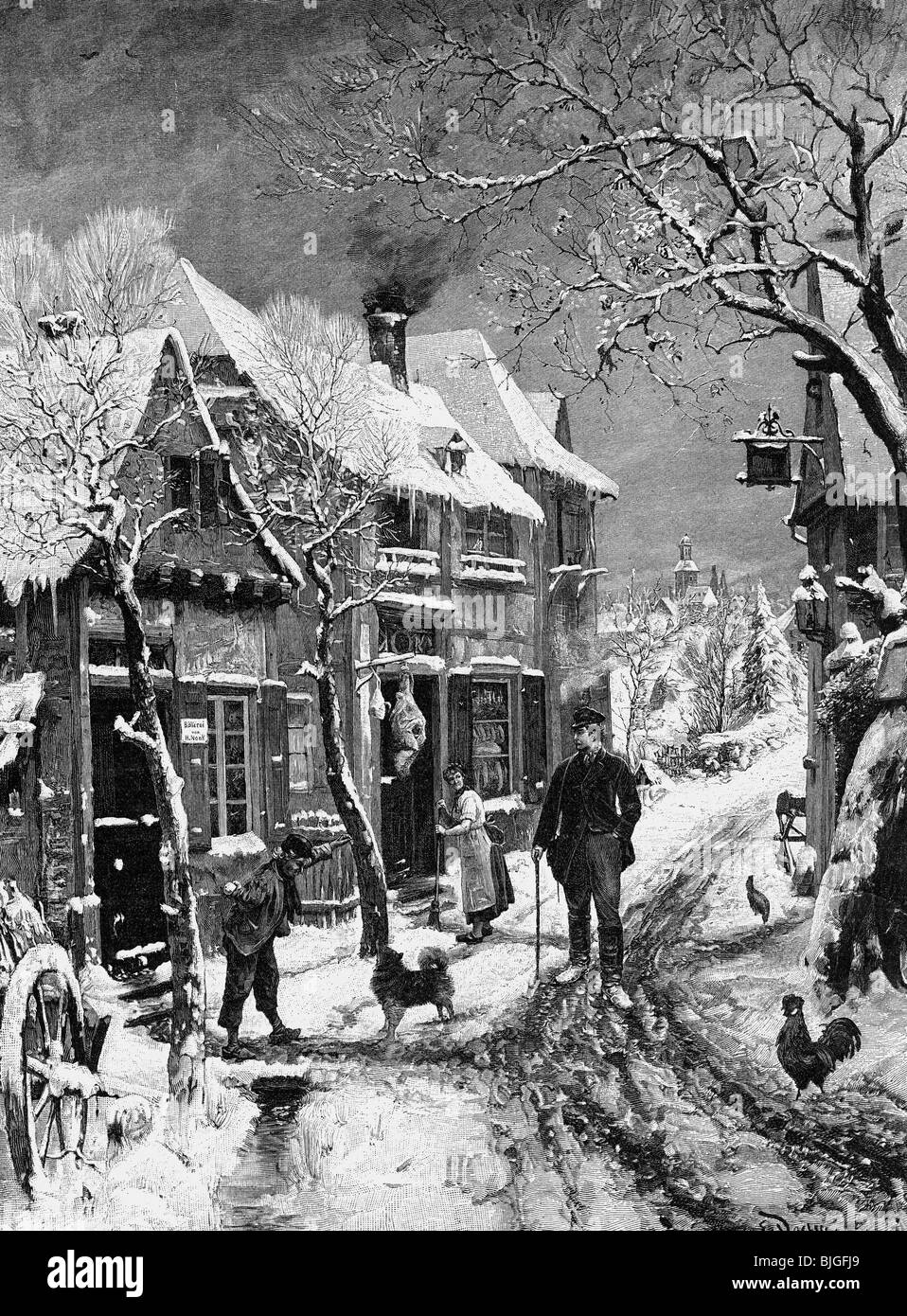 handcraft, journeyman years, journeyman in a village, wood engraving