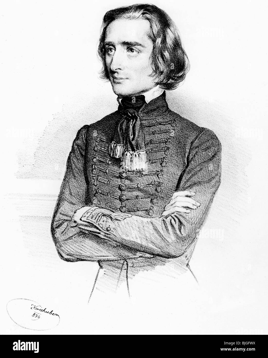 Liszt, Franz, 22.10.1811 - 31.7.1886, Hungarian composer and pianist, half length, lithograph by Joseph Kriehuber the Elder,1839, , Stock Photo