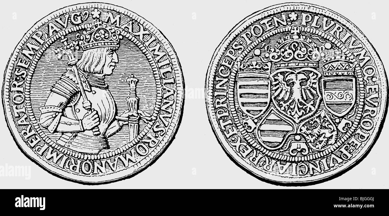 Maximilian I, 22.3.1459 - 12.1.1519, Holy Roman Empire 4.2.1508 - 12.1.1519, coin, Taler, circa 1510, wood engraving, 19th century, , Stock Photo