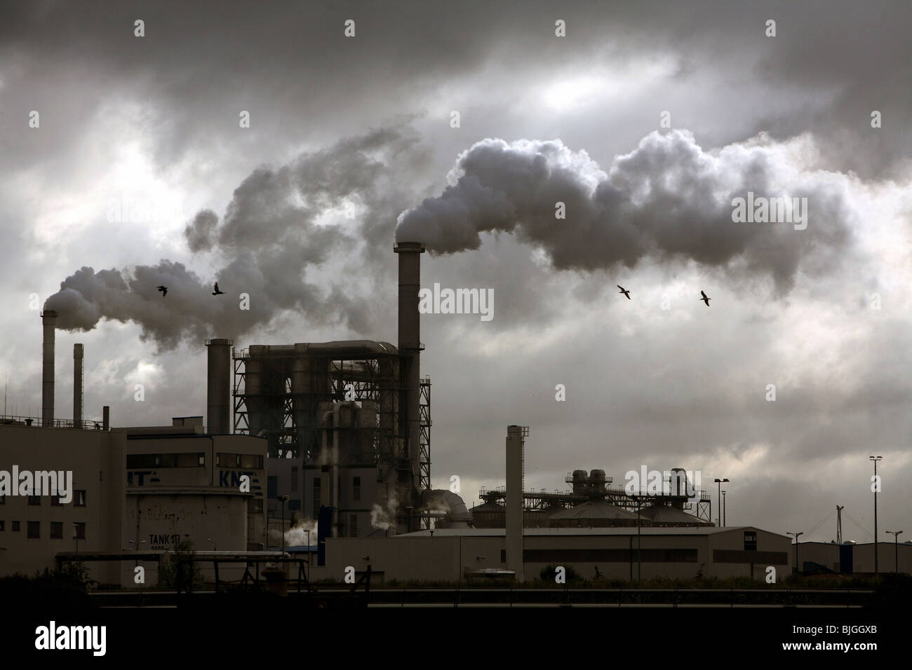 Fuming chimneys at the industrial facilities of Klausner Nordic Timber, Wismar, Germany Stock Photo