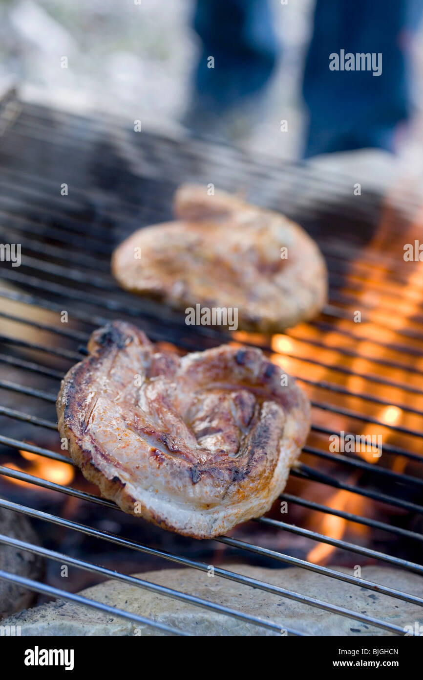 Pork on barbecue grill rack Stock Photo Alamy