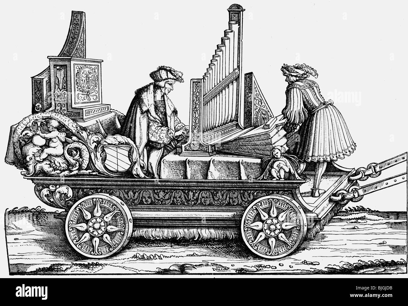 music, instruments, organ on a cart, woodcut, 'Triumph of Emperor Maximilian I' by Hans Burgkmair the Elder, 1512 - 1519,  , Stock Photo