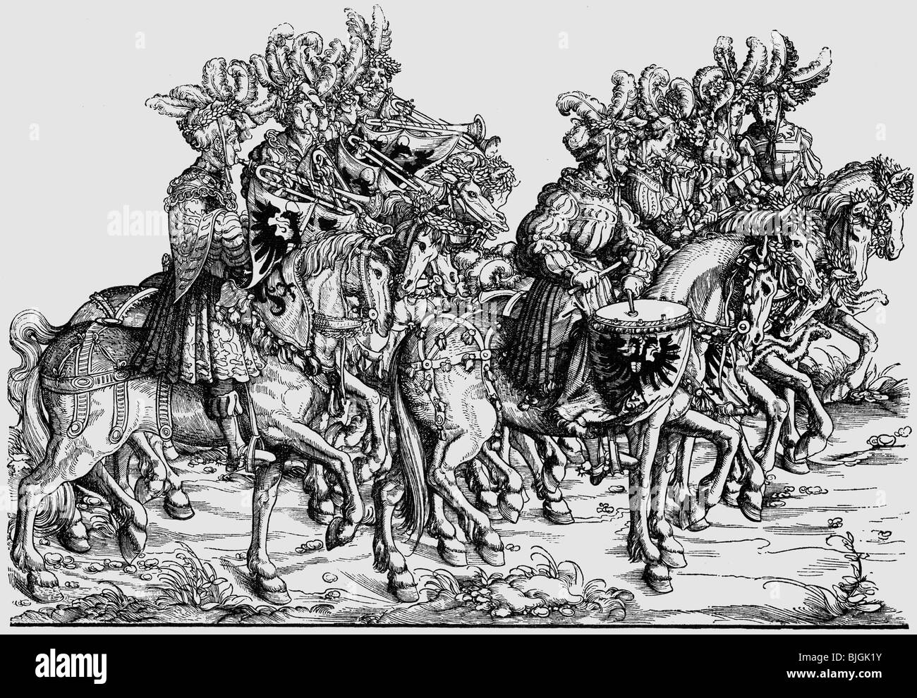 music, musicians, trumpeters, woodcut, 'Triumph of Emperor Maximilian I', by Hans Burgkmair the Elder, 1512 - 1519,  , Stock Photo