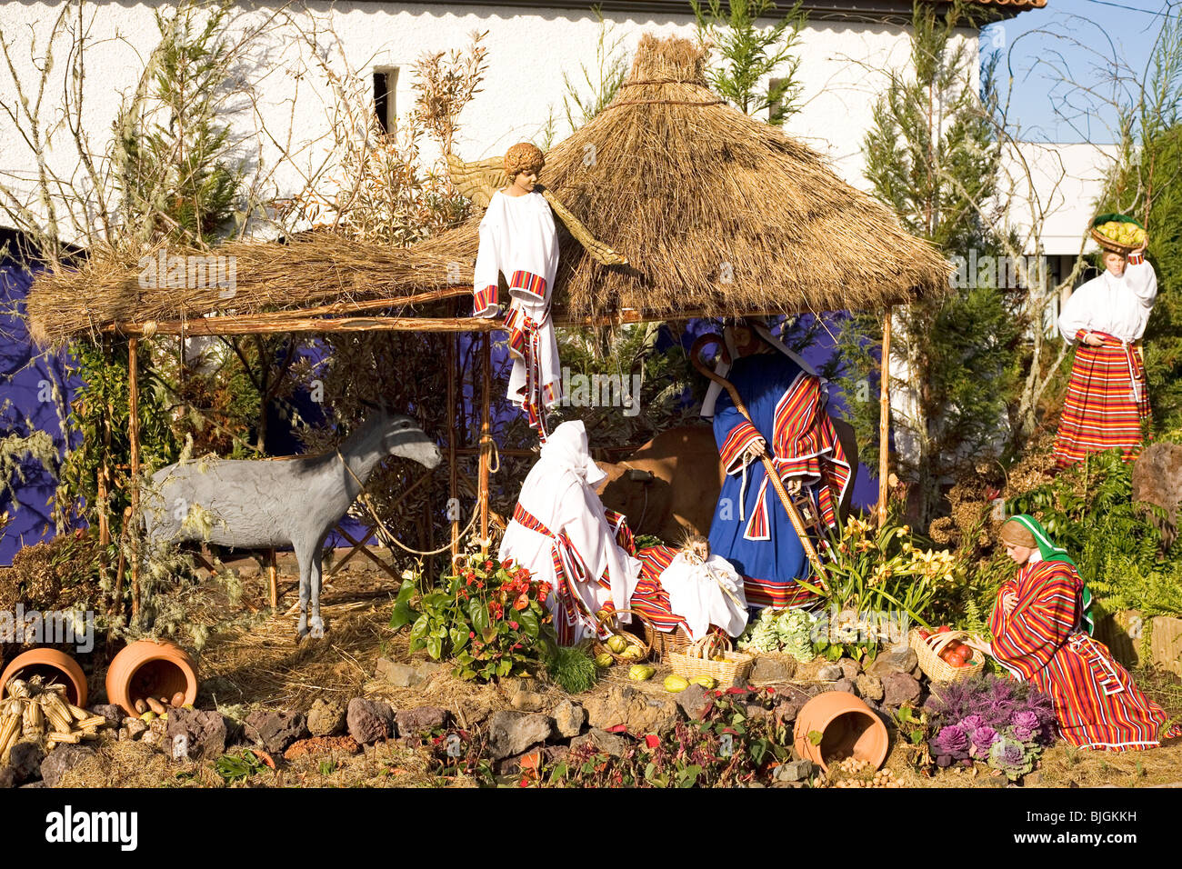 Advent crib figures wear locally influenced clothing at Santana on the island of Madeira, Portugal. Stock Photo