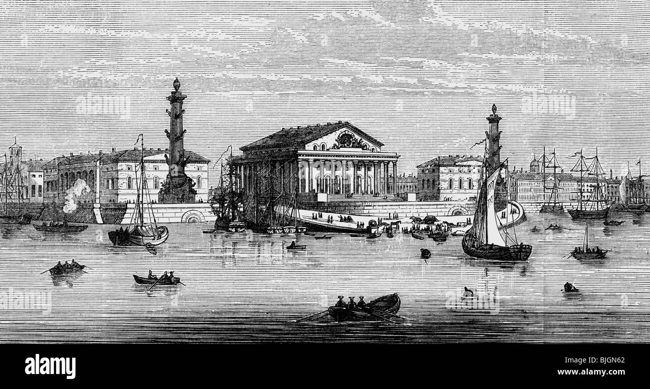 geography / travel, Russia, Saint Petersburg, stock exchange, view over river Neva, wood engraving, 1893, Stock Photo