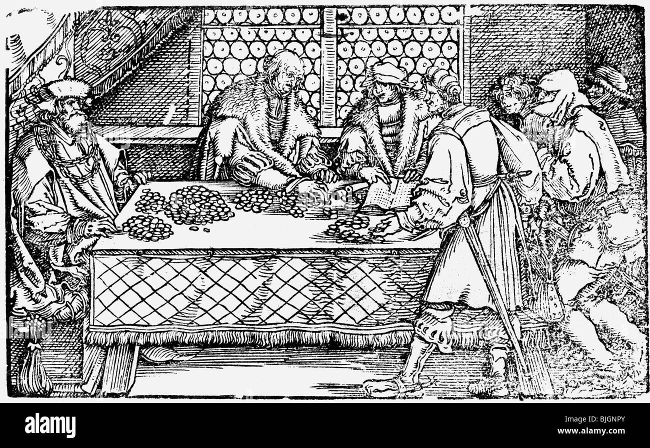 money / finance, money changer, woodcut by Hans Weiditz (circa 1500 - 1534), people, capitalism, table, coins, exchange, Europe, 16th century, historic, historical, Stock Photo