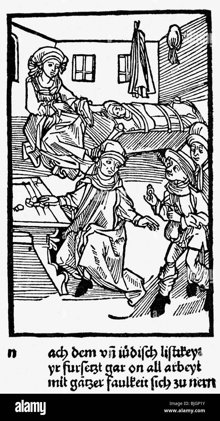 money / finance, money lender, farmer and burgher at the Jewish money lender, woodcut, Nuremberg, 1491, Stock Photo