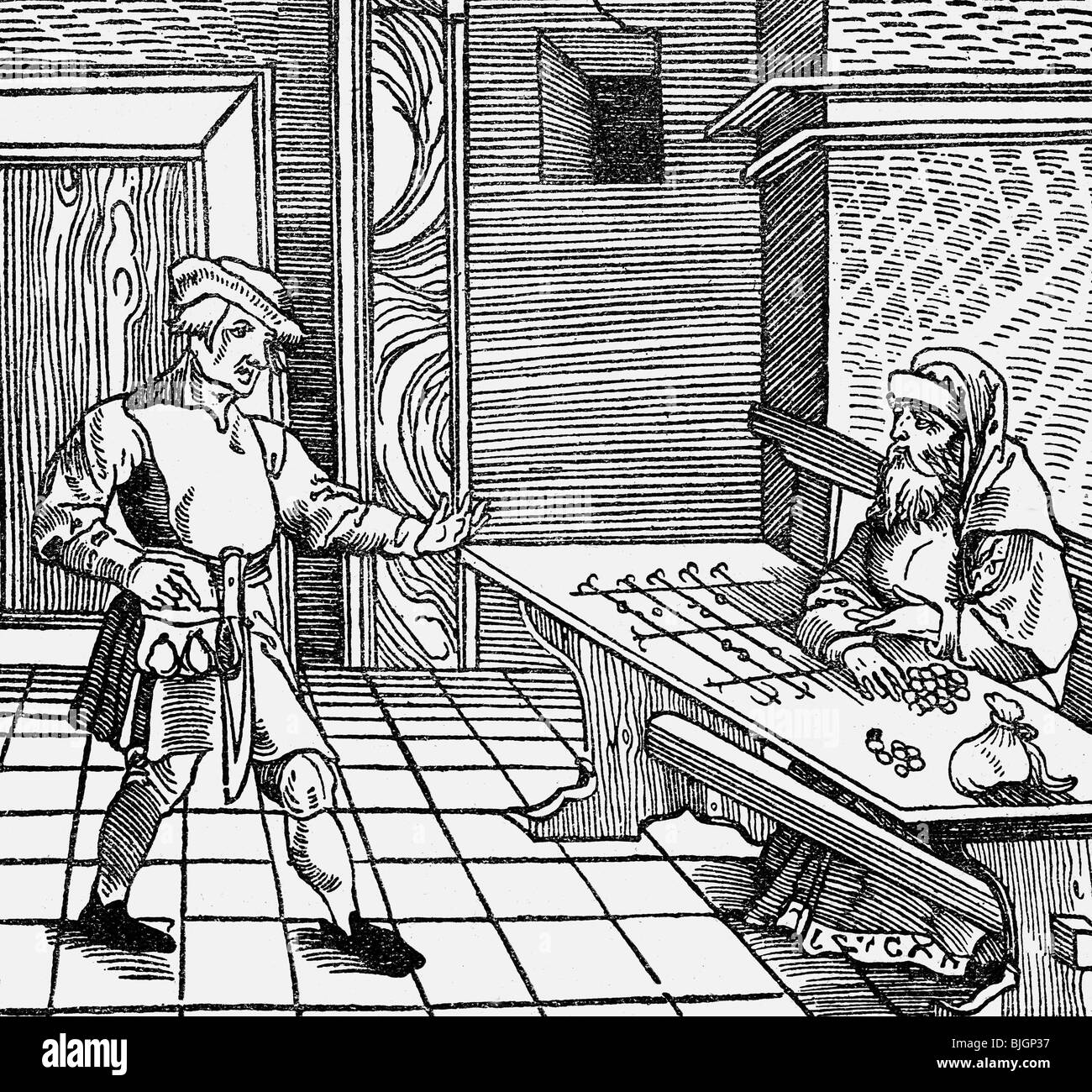 money / finance, money lender, farmer and Jewish money lender, woodcut, Cicero 'De officia', Augsburg, 1531, , Stock Photo