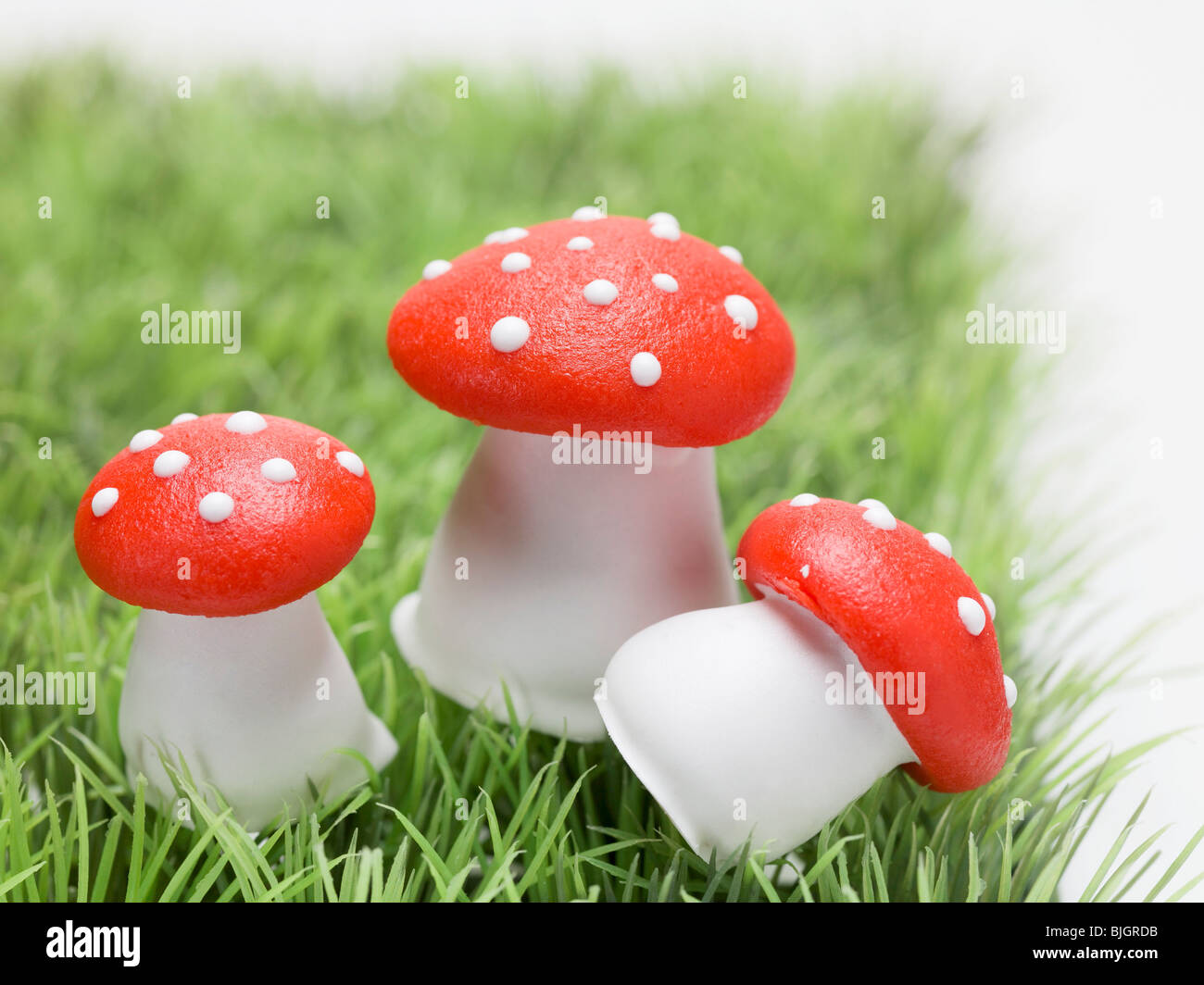 Lucky charms (fly agaric mushrooms) in grass - Stock Photo