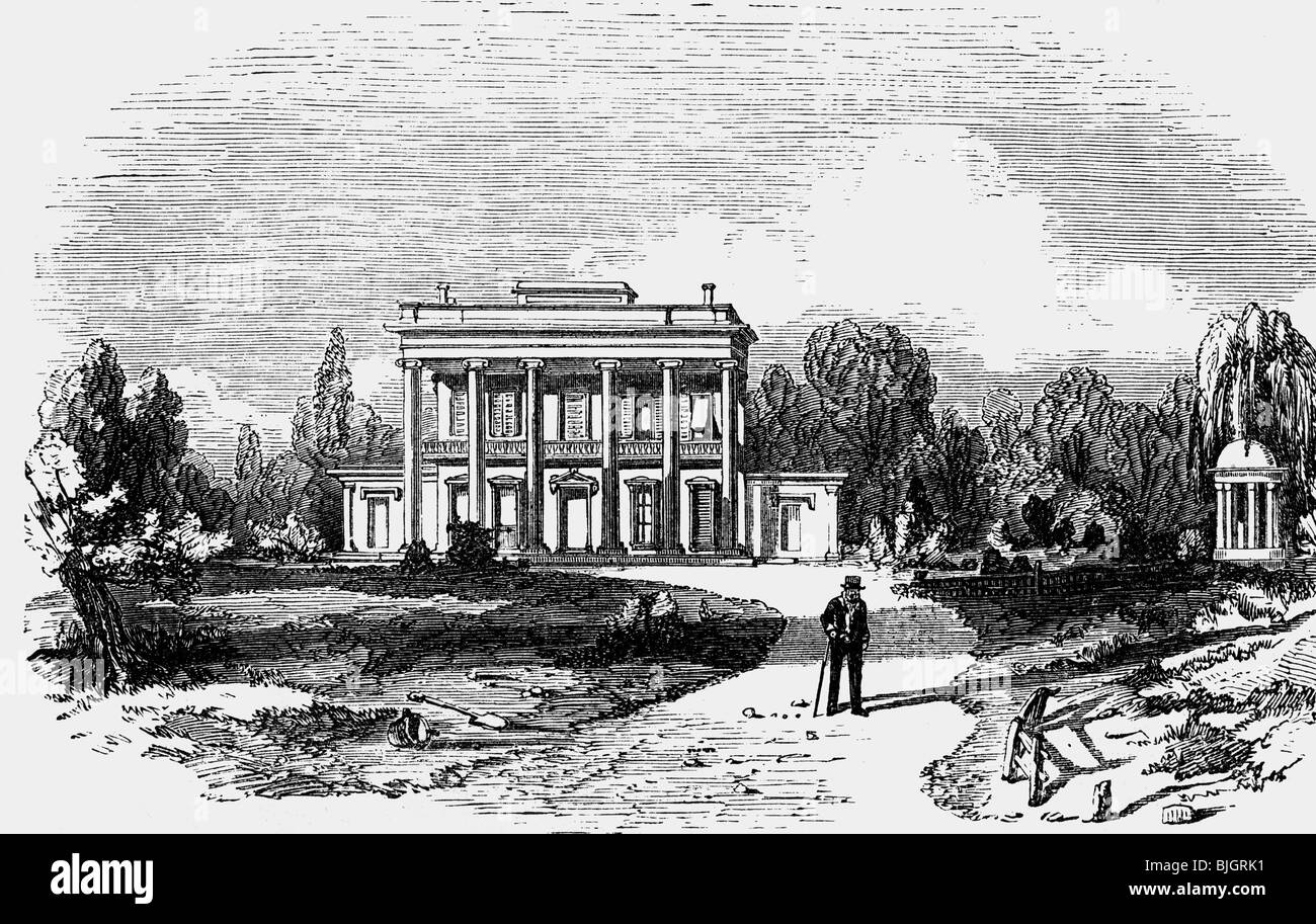 Jackson, Andrew J., 15.3.1767 - 8.6.1845, American general and politician (Dem.), 7th President of the USA 4.3.1829 - 4.3.1837, plantation "The Hermitage", Nashville, Tennessee, exterior view, wood engraving, 19th century, , Stock Photo