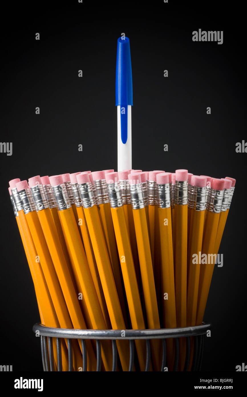 one pen among pencils Stock Photo