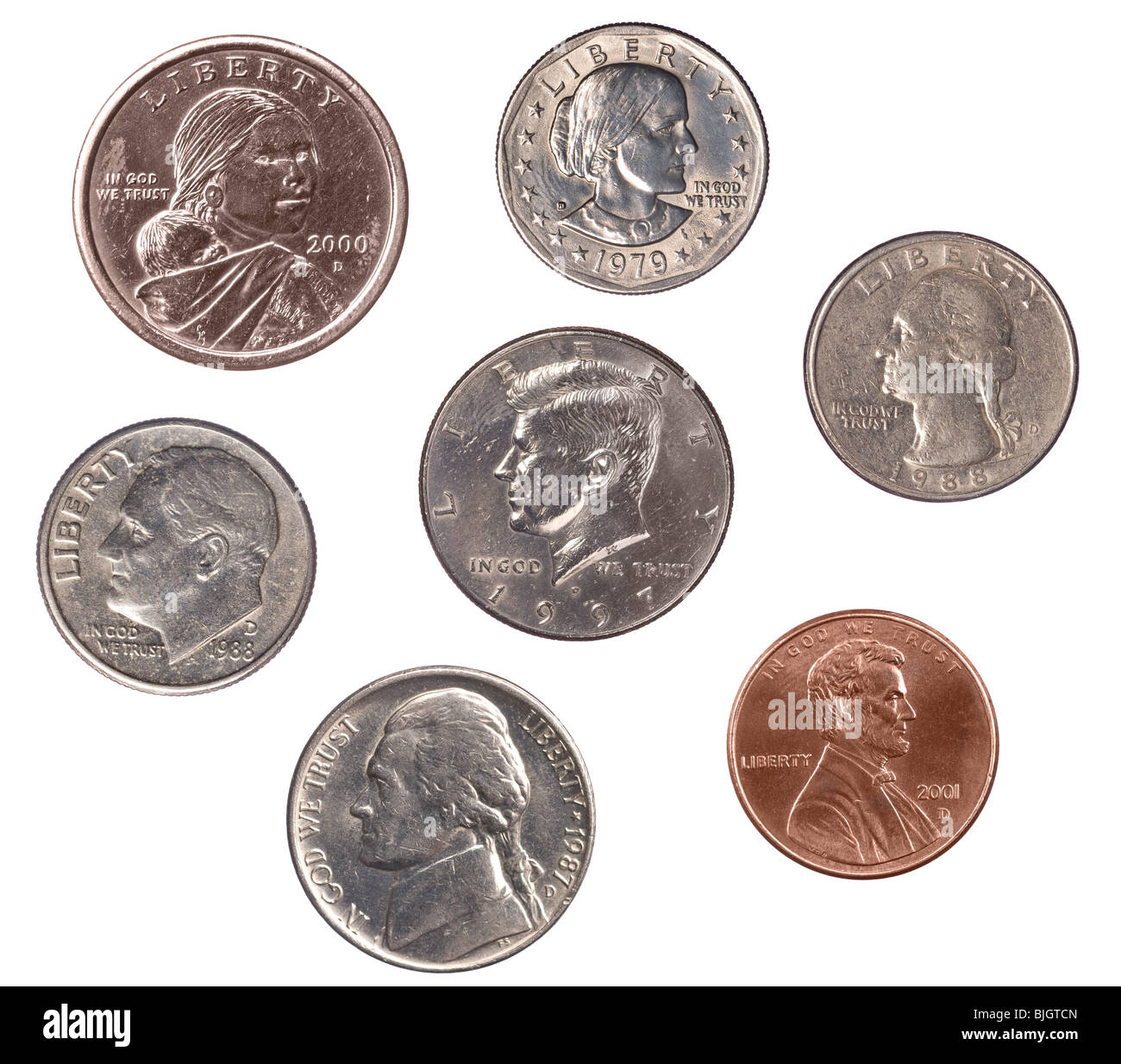 A set of U.S. coins isolated on white. Stock Photo