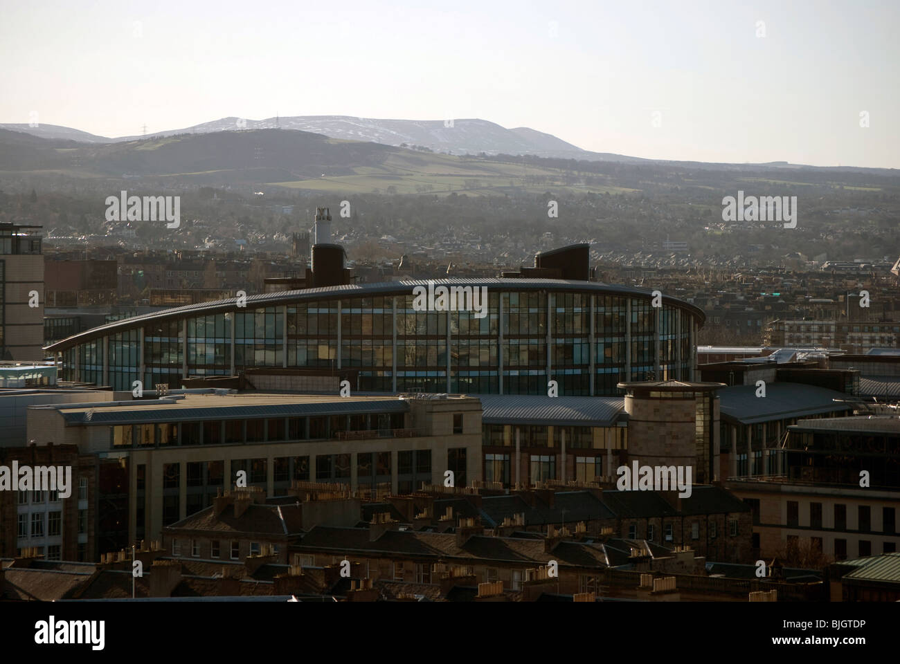 Looking southwest across Edinburgh from the Castle with the curved frontage of the Scottish Widows headquarters in the centre. Stock Photo