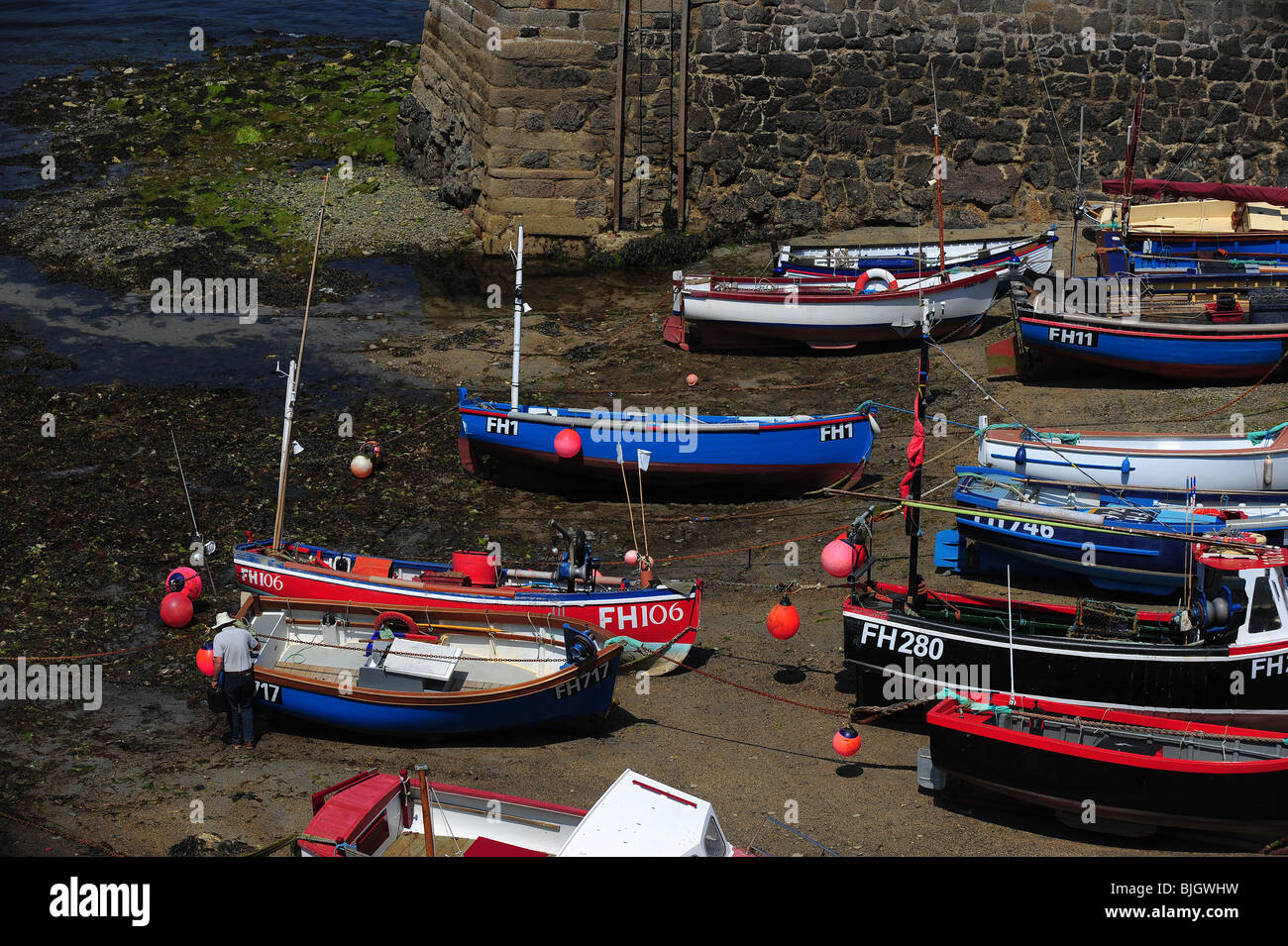 Fishing boats in the harbour at Coverack beach, from South Cornwall, UK. Stock Photo