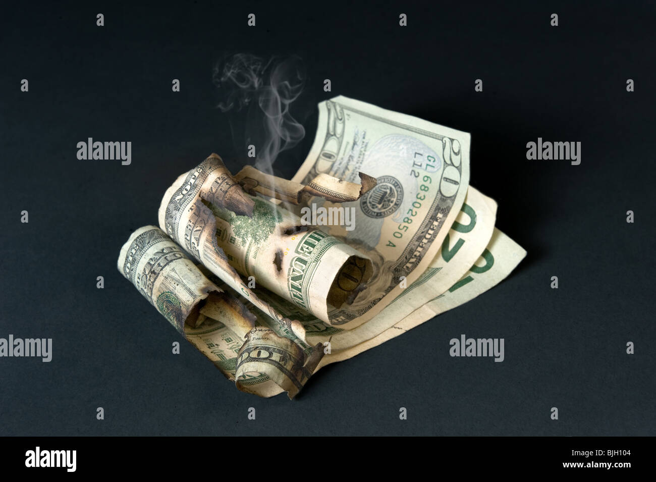 Burned 20 dollar bills smoldering against a dark background. Stock Photo