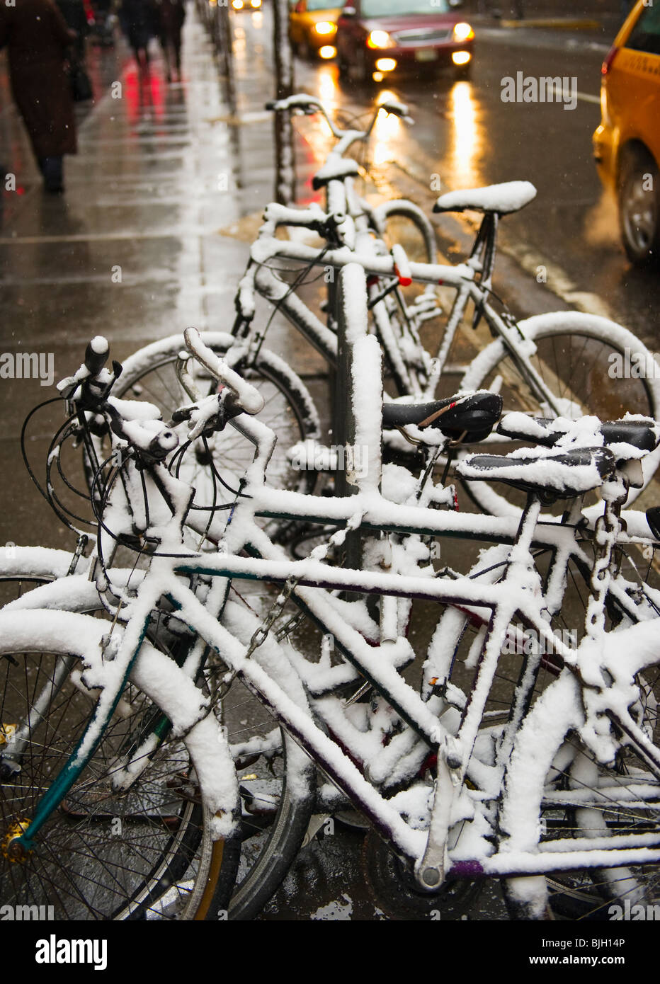 Bicycles covered in snow Stock Photo
